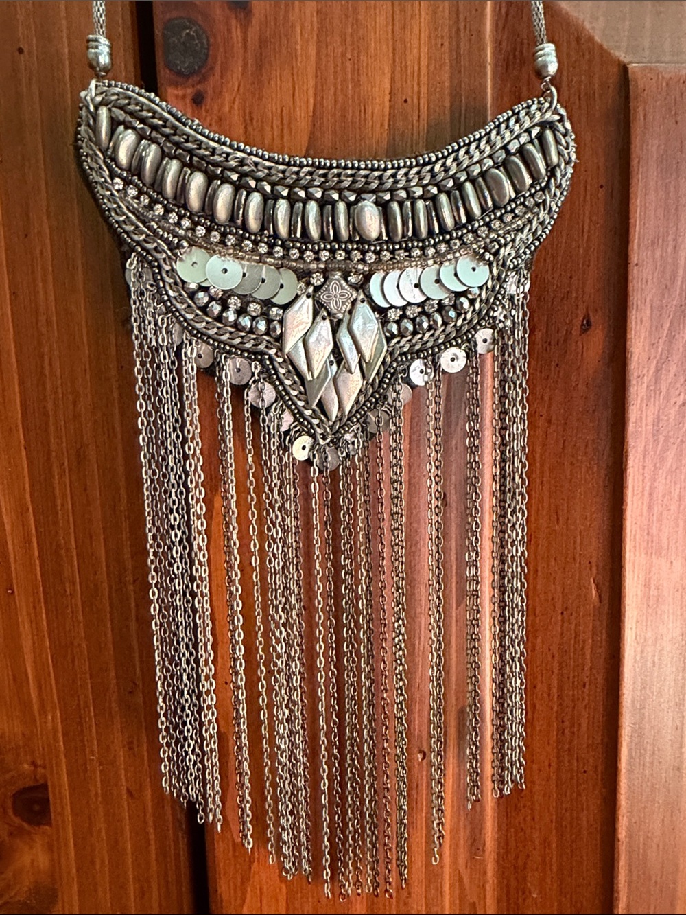 Silver Boho Fringe Statement Necklace